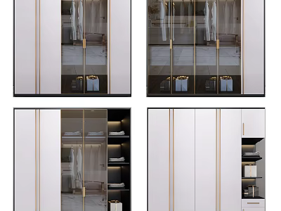 Modern Wardrobe Design With Glass Doors Gold Accents Storage Shelves And Drawers 3d model