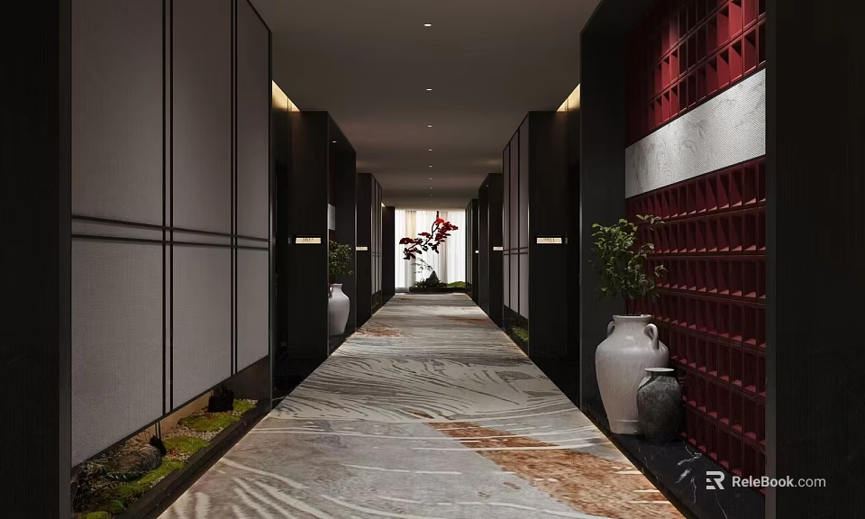 Elegant Hotel Corridor With Patterned Floor Decorative Vases Green Plants And Soft Lighting 3d model 