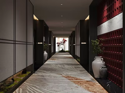 Elegant Hotel Corridor With Patterned Floor Decorative Vases Green Plants And Soft Lighting 3d model