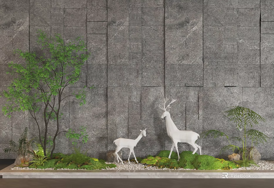 Courtyard Garden with Gray Stone Wall White Deer and Lush Green Plants 3d model 