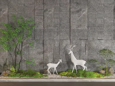 Courtyard Garden with Gray Stone Wall White Deer and Lush Green Plants 3d model