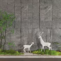 Courtyard Garden with Gray Stone Wall White Deer and Lush Green Plants