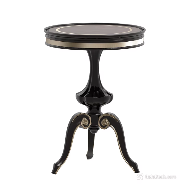Elegant Round Side Table With Smooth Black Top Gold Trim And Decorative Legs 3d model 