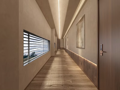 Elegant Modern Hotel Corridor With Wooden Flooring Recessed Lighting Wall Art And Windows 3d model