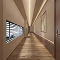 Elegant Modern Hotel Corridor With Wooden Flooring Recessed Lighting Wall Art And Windows