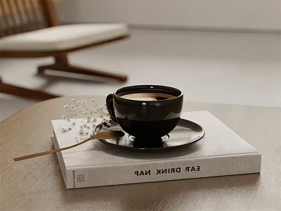 Black Coffee Cup on EAT DRINK NAP Book with Golden Spoon and White Baby's Breath 3d model