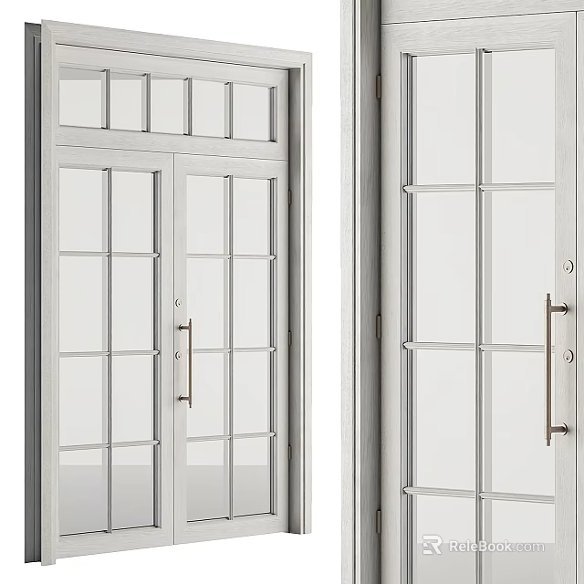 Modern White Double Doors With Glass Panes And Metal Handles Design 3d model 