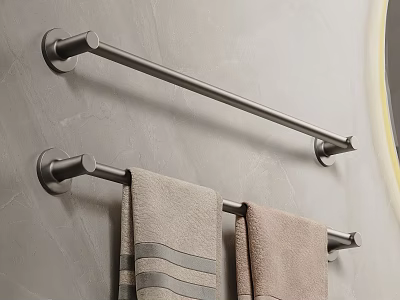 Wall Mounted Metal Bathroom Towel Bars With Hanging Towels On Gray Wall 3d model