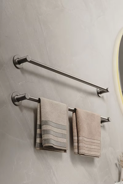 Wall Mounted Metal Bathroom Towel Bars With Hanging Towels On Gray Wall 3d model