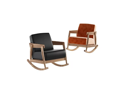 Stylish Modern Rocking Chairs With Black Leather Orange Upholstery And Wooden Frame 3d model