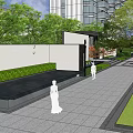 Residential Landscape Entrance With Modern High Rise Buildings And Water Feature
