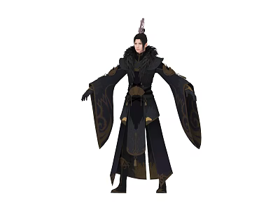 Ancient Warrior Character in Black Gold Traditional Costume with Dragon Patterns and Headpiece 3d model