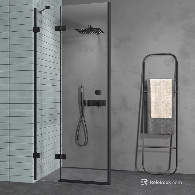 Modern Shower Head in Glass Enclosure with Tiled Wall and Towel Rack 3d model 