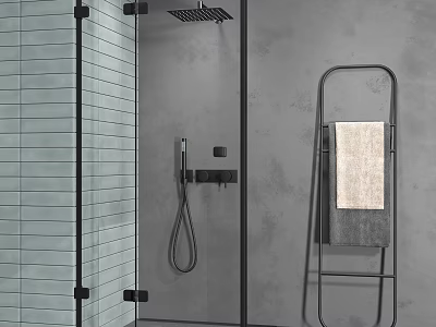 Modern Shower Head in Glass Enclosure with Tiled Wall and Towel Rack 3d model