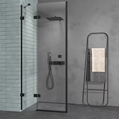 Modern Shower Head in Glass Enclosure with Tiled Wall and Towel Rack 3d model