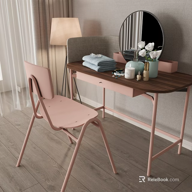 Elegant Dressing Table With Pink Chair Wooden Top Blue Towels Mirror And Flowers 3d model 