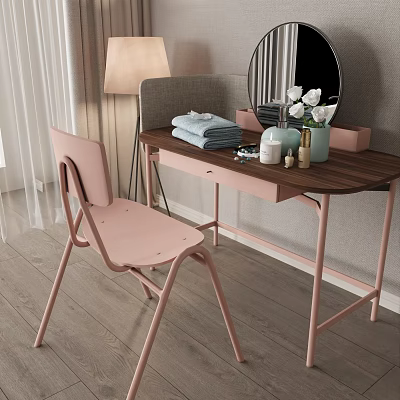 Elegant Dressing Table With Pink Chair Wooden Top Blue Towels Mirror And Flowers 3d model