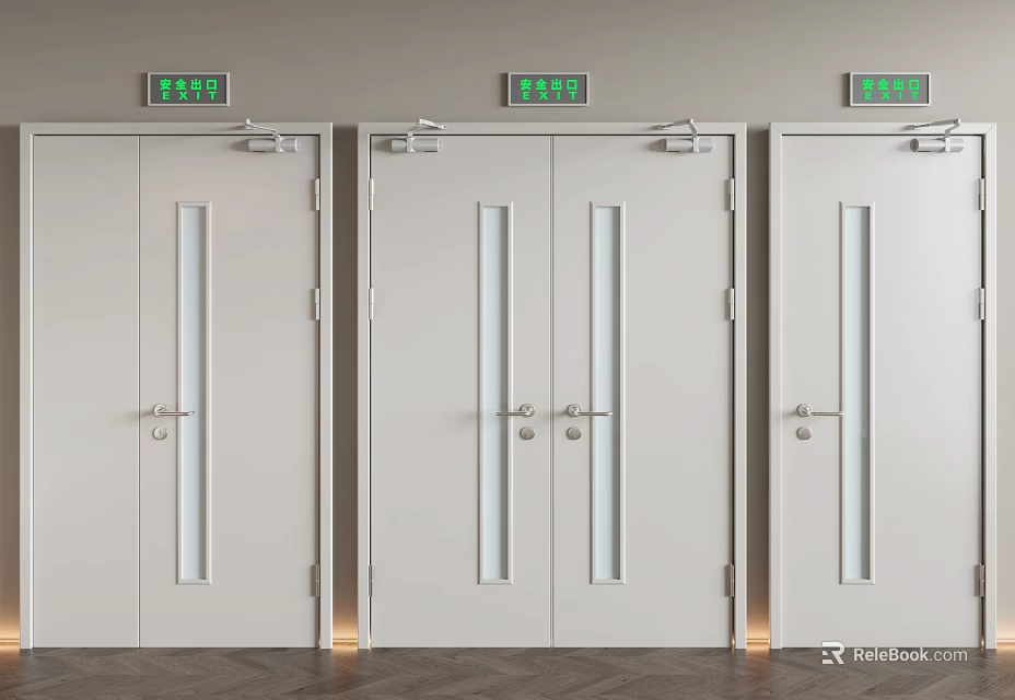 Three White Safety Exit Doors With Glass Panels And Green Signs 3d model 