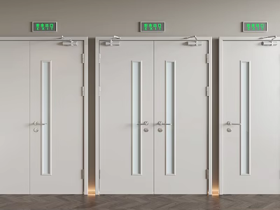 Three White Safety Exit Doors With Glass Panels And Green Signs 3d model