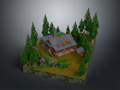 Cozy Log Cabin Surrounded by Tall Pine Trees and Green Grass With Stone Wall 3d model