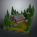 Cozy Log Cabin Surrounded by Tall Pine Trees and Green Grass With Stone Wall