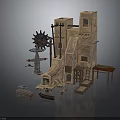 Industrial Scene Components With Stone Tower Gear Mechanism And Wooden Platform