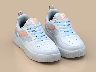 White Light Blue Peach Panel Sneakers With Thick Sole And Lace Up Design 3d model