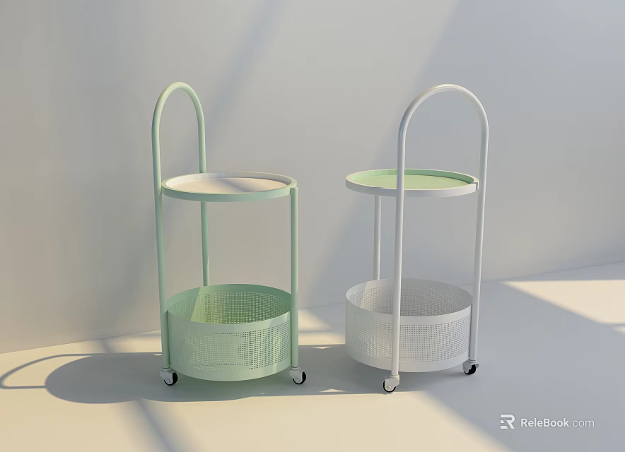 Two Light Green And White Rolling Carts With Round Shelves And Storage Baskets 3d model 