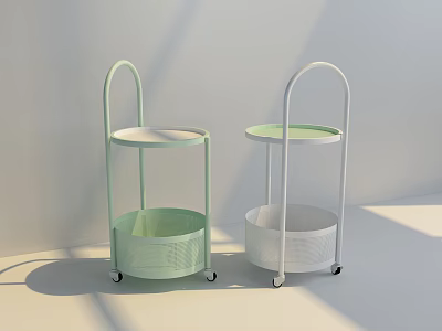 Two Light Green And White Rolling Carts With Round Shelves And Storage Baskets 3d model