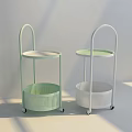 Two Light Green And White Rolling Carts With Round Shelves And Storage Baskets