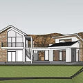 Modern Detached Villa Exterior With Lush Trees Green Lawn And Stone Glass Facade