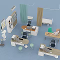 Modern Office Desk Workstations With Ergonomic Chairs Computer Monitors And Lamps
