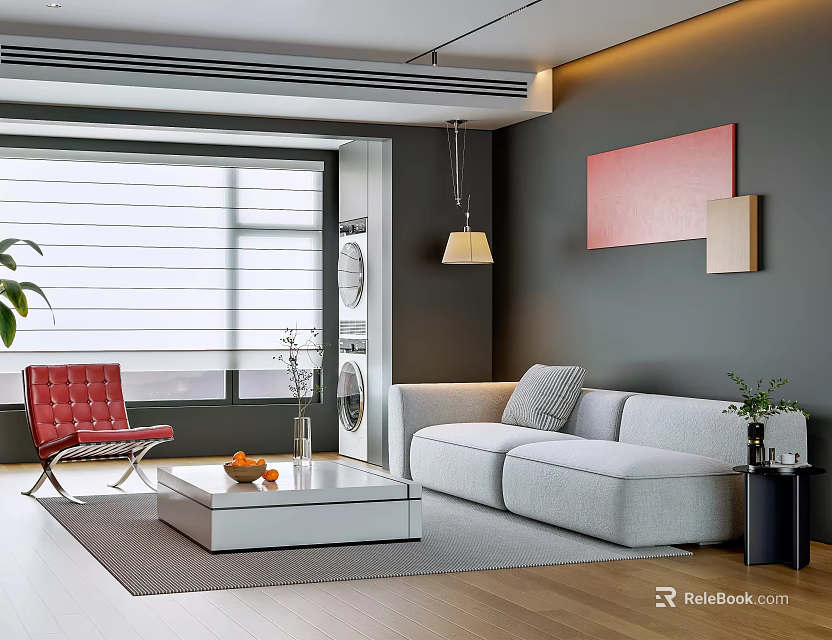 Modern Living Room With Gray Sofa Red Accent Chair And Floor To Ceiling Window 3d model 