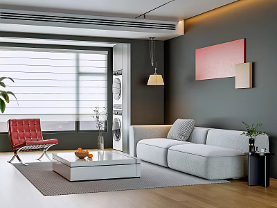 Modern Living Room With Gray Sofa Red Accent Chair And Floor To Ceiling Window 3d model