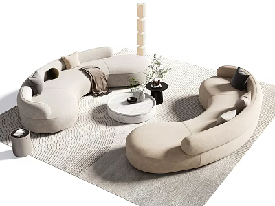 Modern Curved Fabric Sofa and Round Marble Coffee Table Set with Woven Rug and Potted Plants 3d model