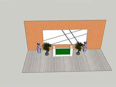 Modern Reception Desk With Green Counter Orange Background Wall And Decorative Plants 3d model