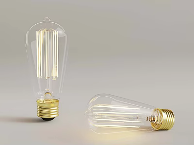 Two Vintage Light Bulbs With Clear Glass Golden Base And Visible Filaments 3d model