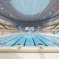 Modern Indoor Swimming Pool With Large Main Pool And Blue Yellow Spectator Seats