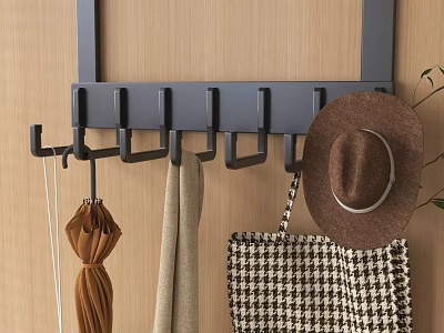 Gray Wall Hook Rack With Brown Hat Scarf Umbrella And Checkered Bag On Wooden Wall 3d model
