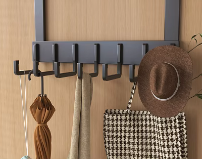 Gray Wall Hook Rack With Brown Hat Scarf Umbrella And Checkered Bag On Wooden Wall 3d model