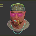 Man With Patterned Bandana Gold Sunglasses Beard Cigarette And Necklace In Green T-shirt