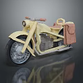 Yellow Vintage Motorcycle With Red Seat Brown Side Bag And Retro Headlight