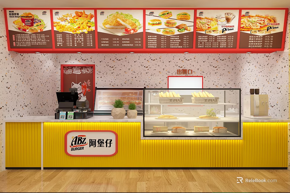 Bright Yellow Fast Food Counter With Glass Display Case Menu Posters And Food Items 3d model 