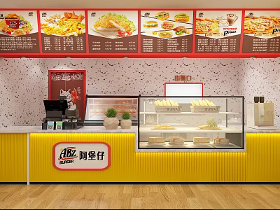 Bright Yellow Fast Food Counter With Glass Display Case Menu Posters And Food Items 3d model