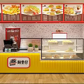 Bright Yellow Fast Food Counter With Glass Display Case Menu Posters And Food Items