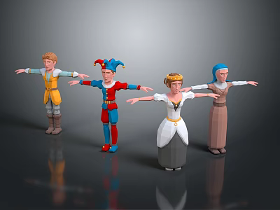 Four Diverse 3D Cartoon Characters in Various Costumes Posing With Arms Outstretched 3d model