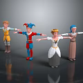 Four Diverse 3D Cartoon Characters in Various Costumes Posing With Arms Outstretched