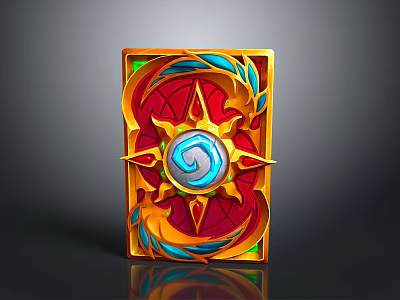 Golden Border Hearthstone Card with Red Background Blue Decorations and Central Blue Spiral Symbol 3d model