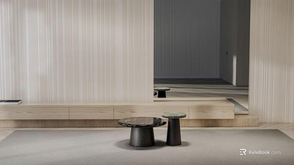 Modern Coffee Table With Black Top Metal Base And Wooden Wall In Minimalist Interior 3d model 