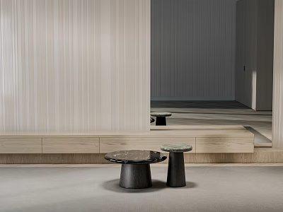 Modern Coffee Table With Black Top Metal Base And Wooden Wall In Minimalist Interior 3d model
